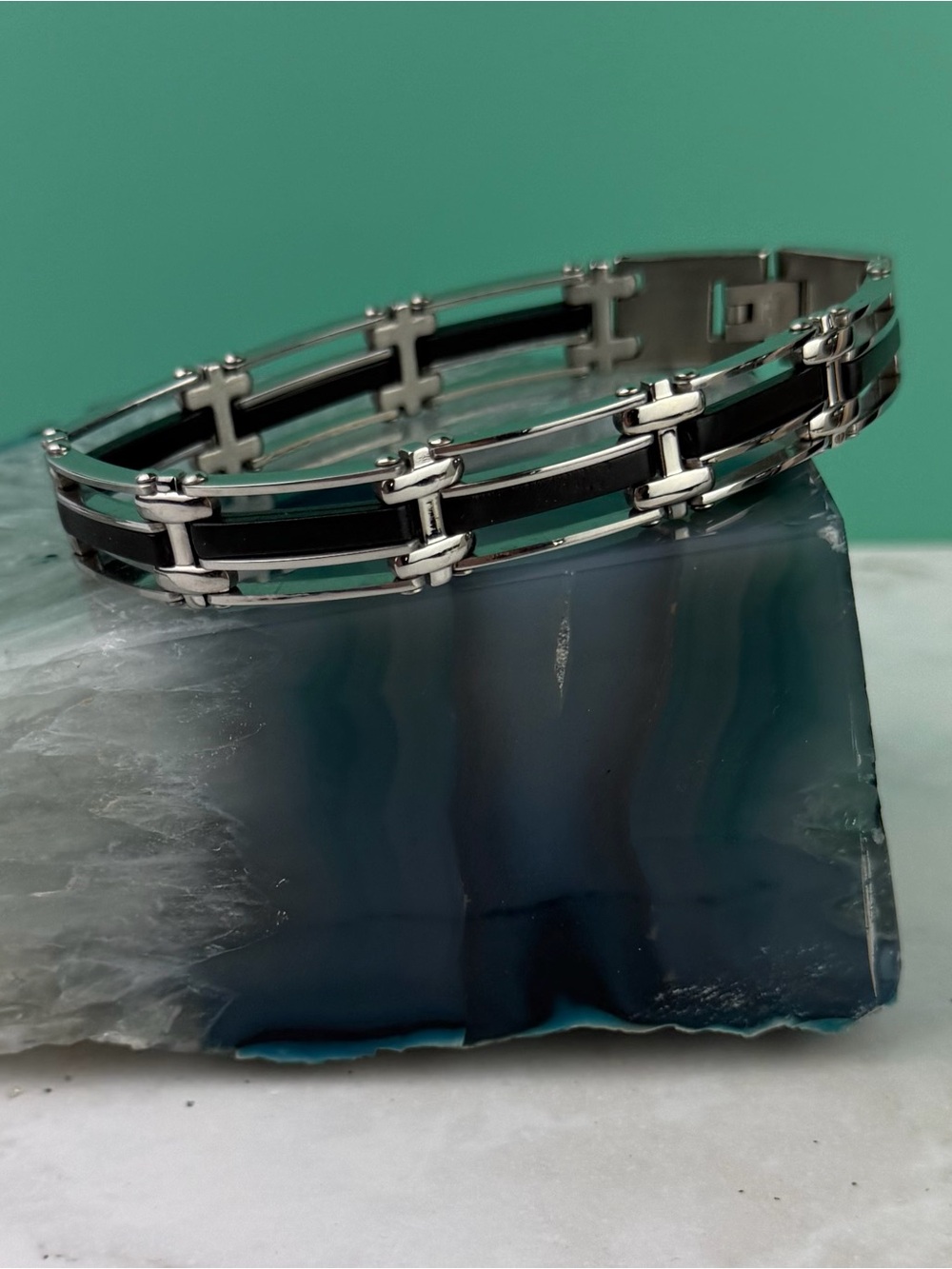 Men's Industrial Modern Stainless Steel & Black Inlay Link Bracelet 8.5"